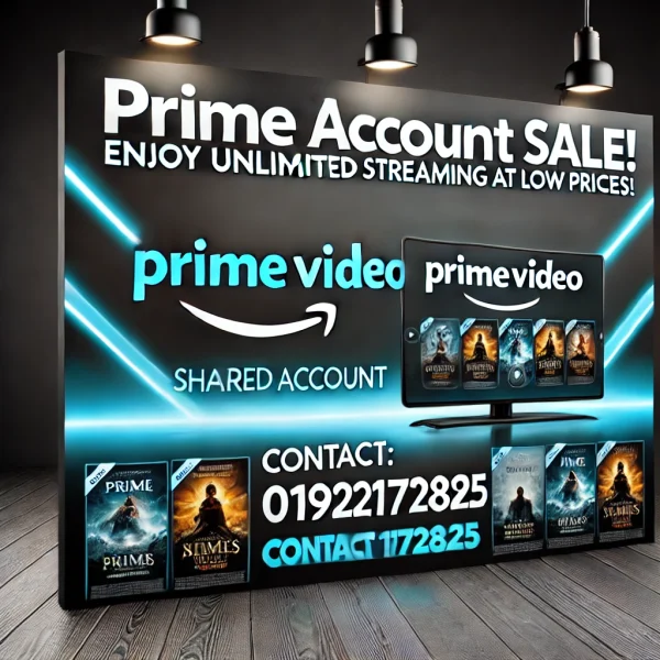 DALL·E 2025-01-31 04.35.25 - A sleek advertisement for a Prime Video shared account sale. The background is modern with Prime Video's signature blue and black theme. The text read Prime Video Family Pack